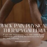 055507d5-12f2-44dd-87bb-f14c2f366304.jpeg ### Key Elements
**Main Subjects**
- A person receiving physical therapy focused on the back.
**Notable Features**
- The therapist's hands applying pressure on the patient's back.
- A soothing environment, indicated by warm tones and soft lighting.
**Text/Symbols**
- Title: "BACK PAIN PHYSICAL THERAPY GALLERIA"
- Informative text about pain and swelling related to thumb tendons.
- Website link: "www.polygonpt.com"
### Overall Mood/Theme
The image conveys a calm and therapeutic atmosphere, emphasizing healing and care in physical therapy. The focus on back pain treatment suggests a professional and supportive environment aimed at alleviating discomfort.