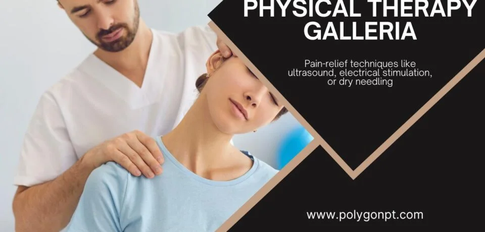 ### Key Elements

**Main Subjects**  
- A male physical therapist  
- A female patient  

**Objects**  
- Therapy equipment (not explicitly shown)  
- Medical attire (scrubs)  

**Notable Features**  
- Therapist providing treatment  
- Patient appears relaxed  

**Text/Symbols**  
- "ELBOW PAIN PHYSICAL THERAPY GALLERIA"  
- Description of pain-relief techniques  
- Website URL: www.polygonpt.com  
- Logo of "POLYGON"  

### Overall Mood/Theme  
The image conveys a professional and caring atmosphere, emphasizing therapeutic support for elbow pain. The focus is on the interaction between the therapist and patient, suggesting a sense of trust and comfort in a clinical setting.