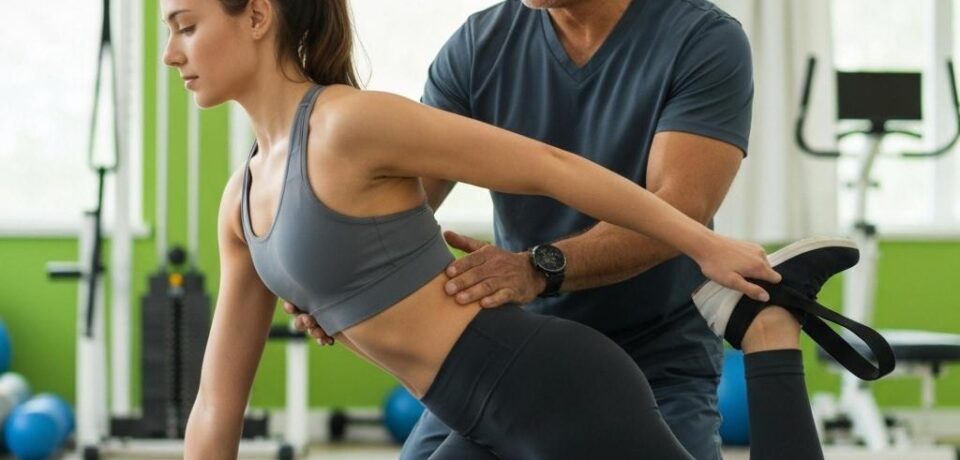 ### Key Elements

**Main Subjects**  
- A female fitness trainee  
- A male trainer  

**Objects**  
- Exercise mat  
- Fitness equipment in the background  

**Notable Features**  
- The trainer assisting the trainee with a stretching exercise  
- Bright green walls and natural light from windows  

**Text or Symbols**  
- No visible text or symbols  

### Overall Mood or Theme  
The image conveys a positive and supportive atmosphere in a fitness or training environment, highlighting teamwork and personal development in physical fitness. The interaction suggests guidance and encouragement, promoting a sense of well-being and motivation.