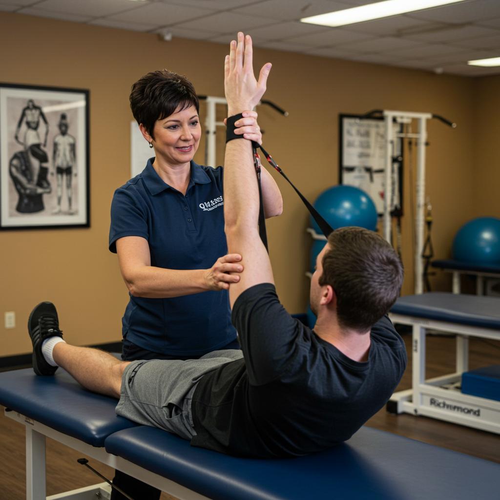 Therapist demonstrating manual therapy technique on patient during first appointment
