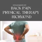 ### Key Elements

**Main Subjects**  
- Individual experiencing back pain.

**Objects**  
- Comfortable indoor setting (implied by soft furnishings).

**Notable Features**  
- Text promoting physical therapy services.
- Use of color contrast to highlight pain area.

**Text/Symbols**  
- Website URL: www.polygonpt.com  
- Service description: "Back Pain Physical Therapy Richmond"

### Overall Mood/Theme  
The image conveys a sense of concern and urgency regarding back pain, while promoting a solution through physical therapy. The cozy indoor environment suggests a welcoming atmosphere for healing and recovery.