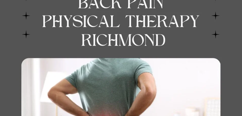 ### Key Elements

**Main Subjects**  
- Individual experiencing back pain.

**Objects**  
- Comfortable indoor setting (implied by soft furnishings).

**Notable Features**  
- Text promoting physical therapy services.
- Use of color contrast to highlight pain area.

**Text/Symbols**  
- Website URL: www.polygonpt.com  
- Service description: "Back Pain Physical Therapy Richmond"

### Overall Mood/Theme  
The image conveys a sense of concern and urgency regarding back pain, while promoting a solution through physical therapy. The cozy indoor environment suggests a welcoming atmosphere for healing and recovery.