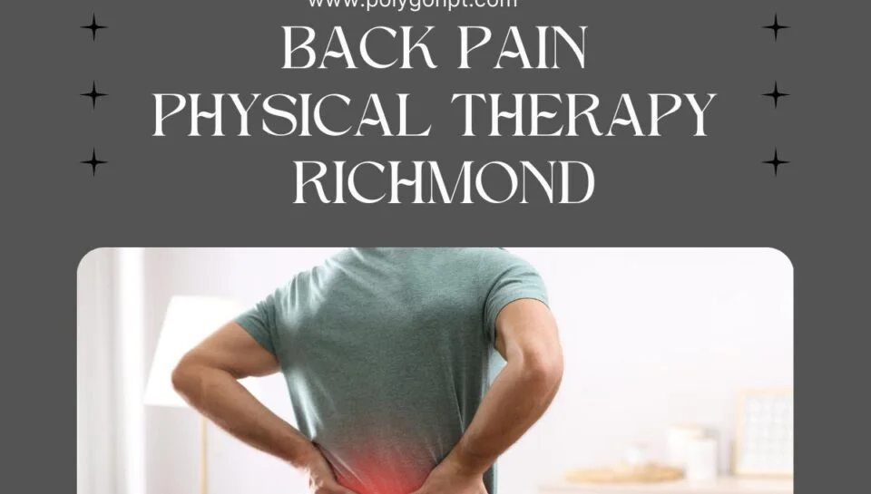 ### Key Elements

**Main Subjects**  
- Individual experiencing back pain.

**Objects**  
- Comfortable indoor setting (implied by soft furnishings).

**Notable Features**  
- Text promoting physical therapy services.
- Use of color contrast to highlight pain area.

**Text/Symbols**  
- Website URL: www.polygonpt.com  
- Service description: "Back Pain Physical Therapy Richmond"

### Overall Mood/Theme  
The image conveys a sense of concern and urgency regarding back pain, while promoting a solution through physical therapy. The cozy indoor environment suggests a welcoming atmosphere for healing and recovery.