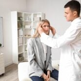 c2c5e14a-bfa8-433b-985c-902835e1c07a.jpeg ### Key Elements
- **Main Subjects**: A young woman and a male doctor.
- **Objects**: Medical examination tools, a chair, and a whiteboard.
- **Notable Features**: The doctor is wearing a white coat; the woman is in a casual outfit with a blazer.
- **Text/Symbols**: A whiteboard with medical imagery or charts in the background.
### Overall Mood/Theme
The scene conveys a professional medical environment focused on patient care. The expressions of both the doctor and the woman suggest a serious yet calm atmosphere, indicating a routine medical examination. The setting is clean and organized, reinforcing a sense of professionalism and trust.