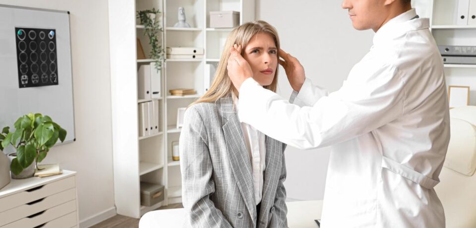 ### Key Elements

- **Main Subjects**: A young woman and a male doctor.
- **Objects**: Medical examination tools, a chair, and a whiteboard.
- **Notable Features**: The doctor is wearing a white coat; the woman is in a casual outfit with a blazer.
- **Text/Symbols**: A whiteboard with medical imagery or charts in the background.
  
### Overall Mood/Theme

The scene conveys a professional medical environment focused on patient care. The expressions of both the doctor and the woman suggest a serious yet calm atmosphere, indicating a routine medical examination. The setting is clean and organized, reinforcing a sense of professionalism and trust.