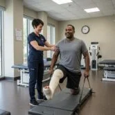 ### Key Elements

**Main Subjects**  
- A physical therapist (female)  
- A patient (male) with a leg injury  

**Objects**  
- Rehabilitation equipment (stretching straps, therapy table)  
- Medical facility setting  

**Notable Features**  
- Patient has a bandaged leg  
- Therapist is assisting the patient  

**Text/Symbols**  
- None visible  

### Overall Mood/Theme  
The image conveys a positive and supportive atmosphere focused on rehabilitation and recovery. The interaction between the therapist and patient suggests encouragement and teamwork in the healing process.