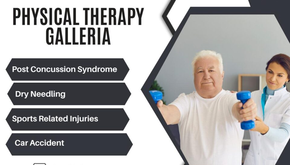 ### Key Elements

- **Main Subjects**: A middle-aged man and a female physical therapist.
- **Objects**: Dumbbells held by the man; a therapy setting in the background.
- **Notable Features**: Professional attire of the therapist; a bright, clean environment.
- **Text/Symbols**: Title "Physical Therapy Galleria" and various treatment categories listed; website link.

### Overall Mood/Theme
The image conveys a supportive and professional atmosphere focused on rehabilitation and wellness, emphasizing the importance of physical therapy in recovery from various conditions.