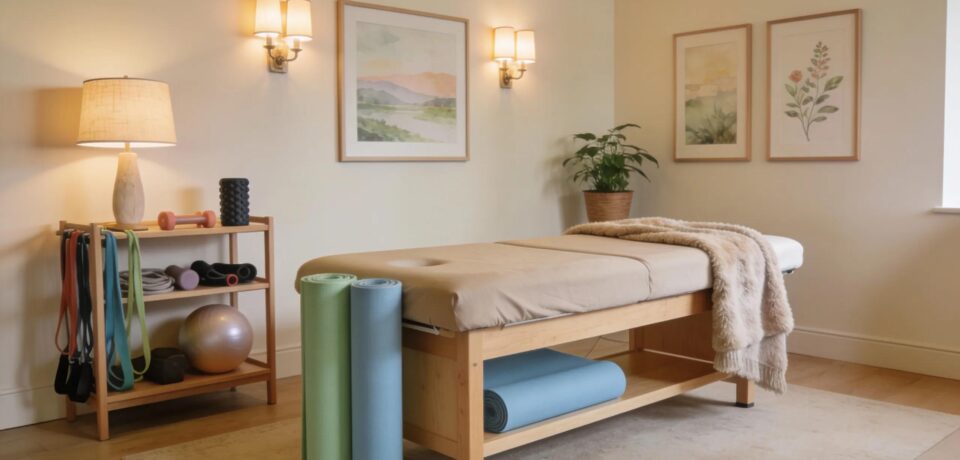 Comfortable therapy room for pelvic floor physical therapy featuring calming decor and therapy tools