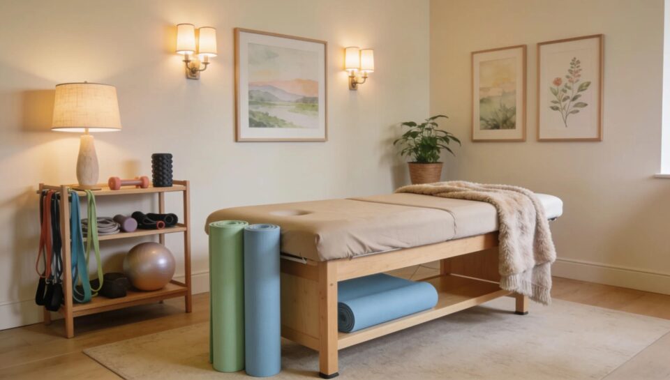 Comfortable therapy room for pelvic floor physical therapy featuring calming decor and therapy tools