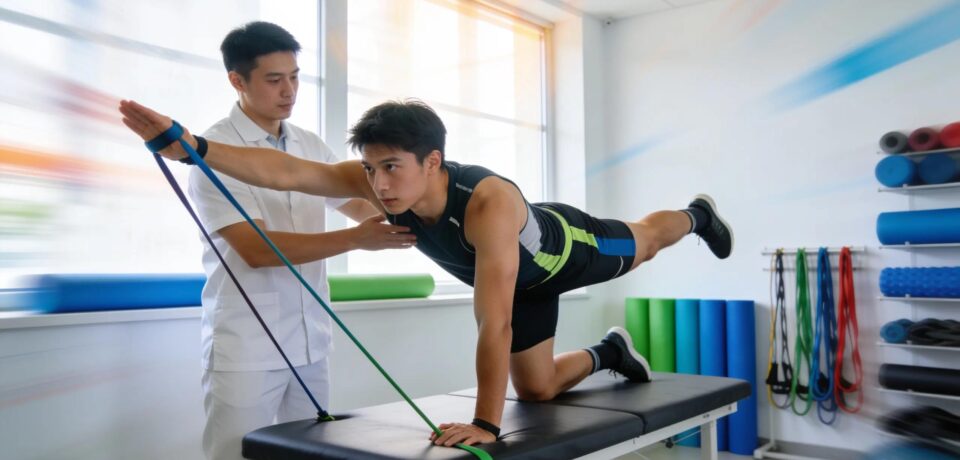 Athlete receiving performance physical therapy in a modern rehabilitation setting