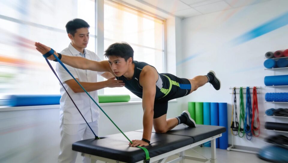 Athlete receiving performance physical therapy in a modern rehabilitation setting